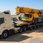 Volvo FH prime mover pulling a multi-axle lowboy trailer loaded with a yellow all-terrain crane in the UAE